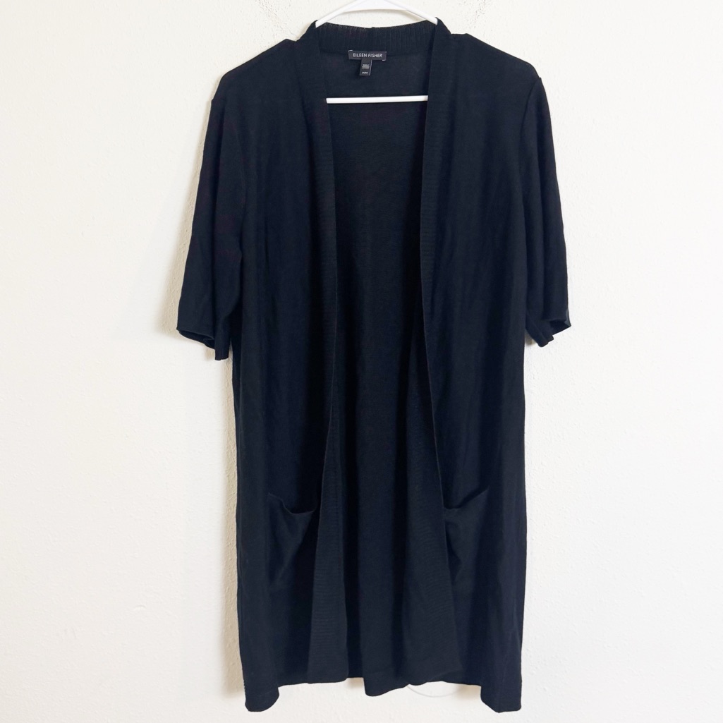 Eileen Fisher Charcoal Open Front Knit Long Line Cardigan